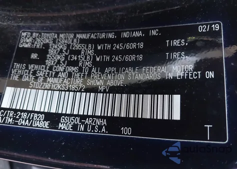 2019 Toyota Highlander Le из США, поврежденный, VIN 5TDZZRFH2KS318572